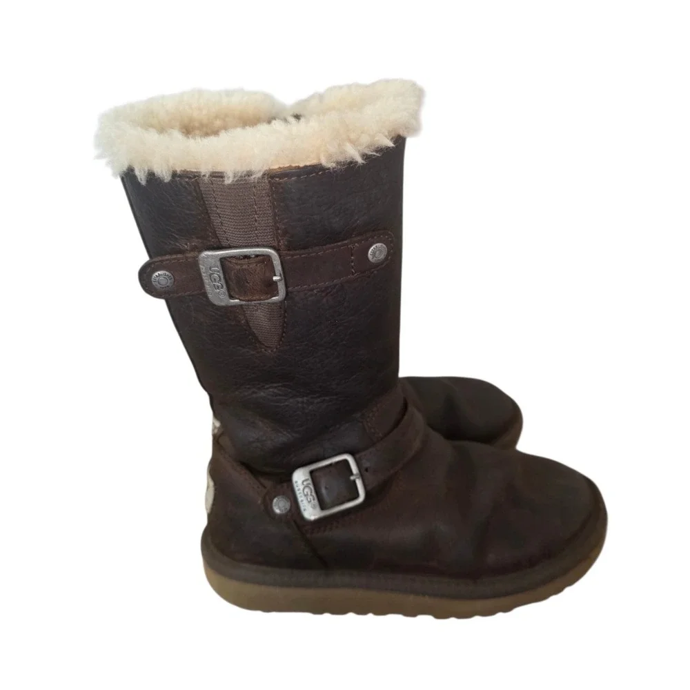 UGG Kensington Girls 1 Brown Leather Sheepskin Sherpa Shearling Lined Snow Boots